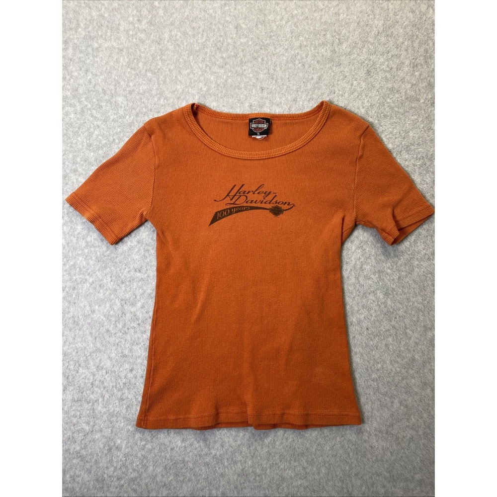 Harley Davidson 100th Anniversary Womens Shirt Orange Y2K Baby Tee Vintage XL